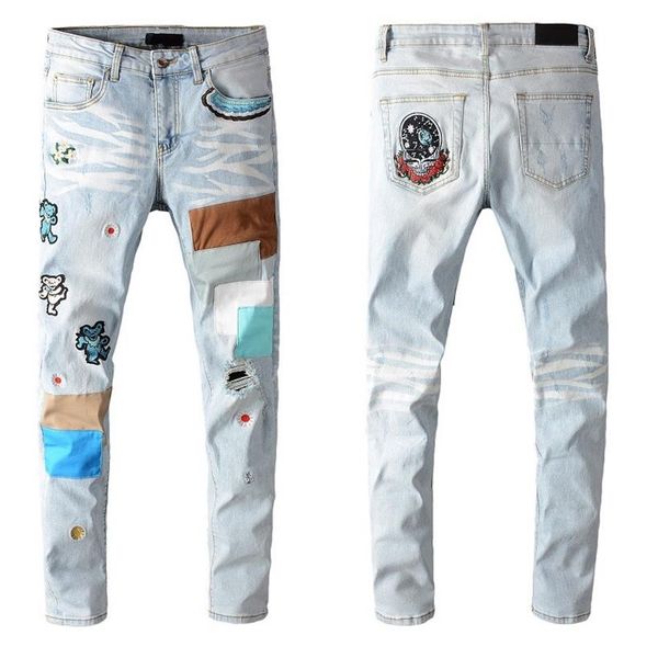 

fashion mens casual pants slim retro skinny jeans modern designer ripped men hip hop light white denim jean262g, Blue