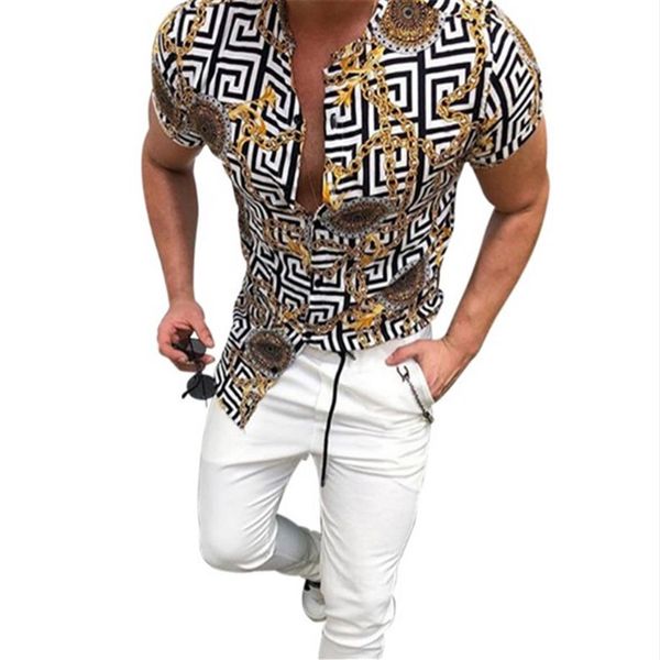 

mens shirt fashion printed shirt cardigan gold chain pattern trend short sleeve button shirt slim fit shirts fashion casual c320i, White;black