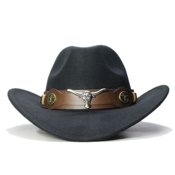 

western style cowboy hat cowgirl cap wide brim with bull skull leather belt for women and men, Blue;gray