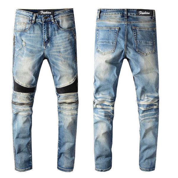 

amiin fashion cool knee patch punk zipper slim fit skinny jeans for 606 leisure casual paint splatter ripped collage amnii embroidery, Blue