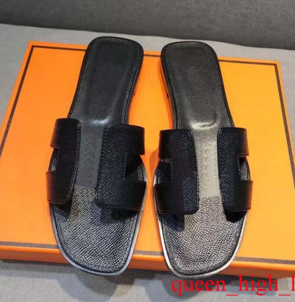 

luxury designer leather ladies sandals summer flat shoes fashion beach women slippers h letter drag 35-42, Black
