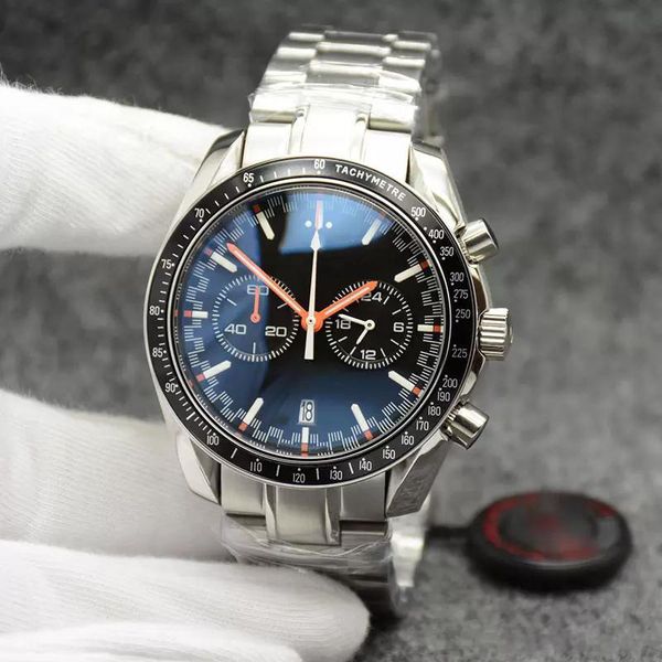 

grade high 44mm quartz chronograph mens watches red hands stainless steel bracelet fixed bezel with a ring showing tachymeter markings, Slivery;black