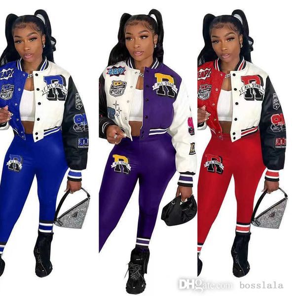 

retail winter womens tracksuits double thread fashion set designer baseball jackets sweatpants outfits long sleeve stitching sweatsuits, Gray