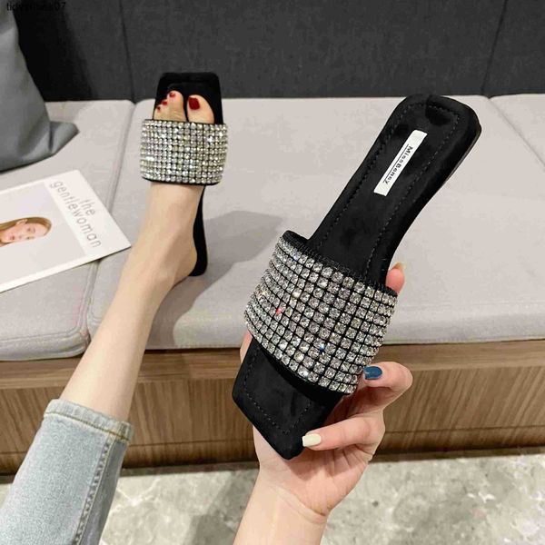 

2022 summer aw king fashion rhinestone flat shoes black outward slip on square head open toe sandals