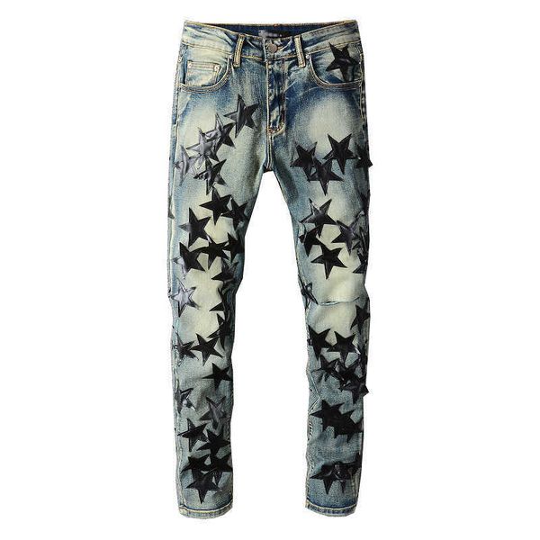 

amiin fashion cool 694 skinny star jeans for young men high craft elastic slim pants leisure casual paint splatter ripped collage, Blue