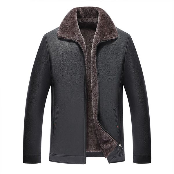 

men pu leather jacket with thick fleece warm motorcycle coats business biker leather jackets, Black