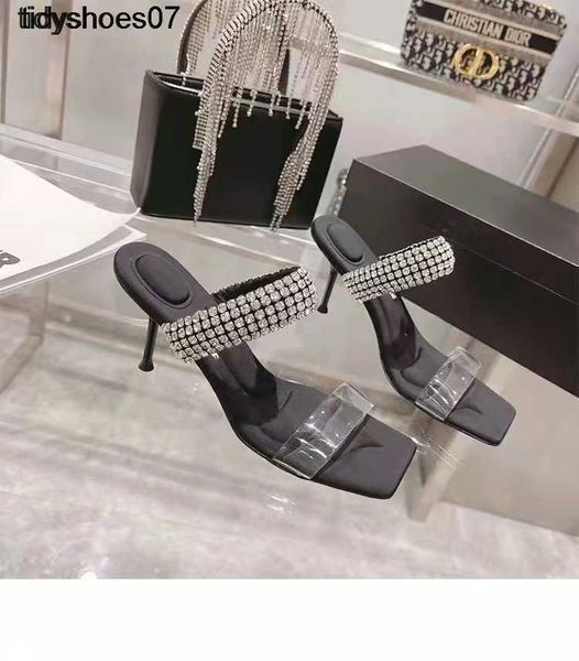 

2022 spring and summer aw king fashion thin heels high heels women's rhinestone transparent belt sandals open toe one-sided belt sandal, Black