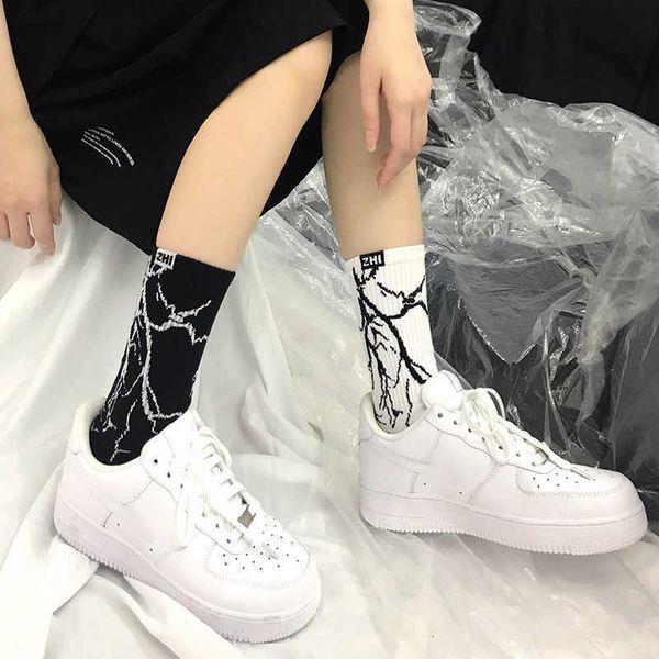 

men's socks korean harajuku skateboard long creative fun lightning hip hop style street funny happy couple socks, Black