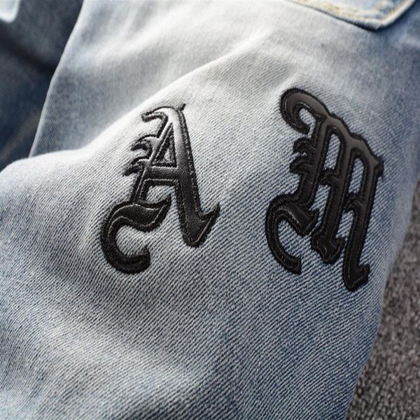 

designer fashion blue mens slim jeans skinny casual fluff folds holes motorcycle pants ripped denim roman script letter255v