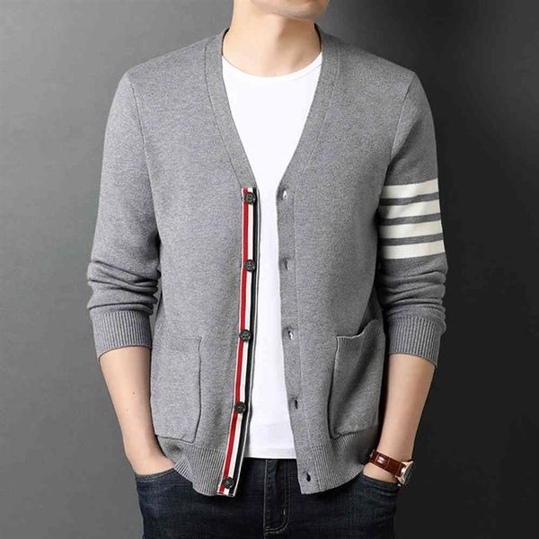 

men's sweater tb thom sweaters men slim fit v-neck striped cardigans clothing cotton casual coat england style251u, White;black