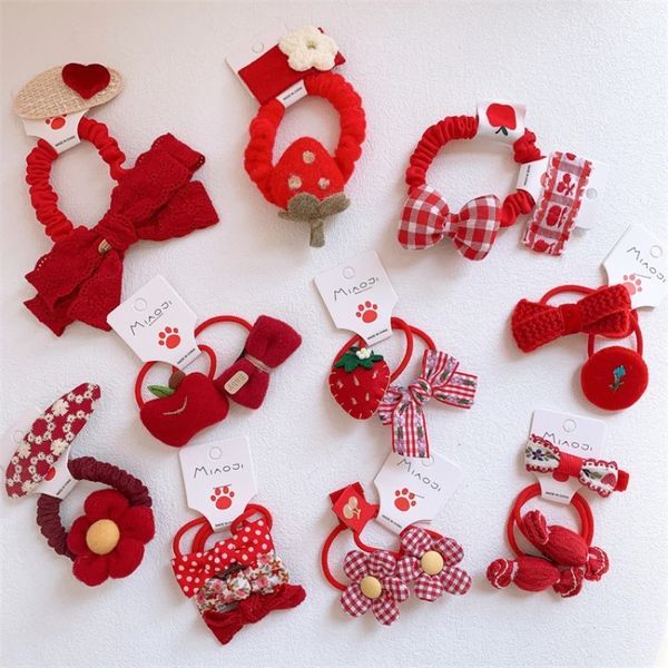 

2022 new red series children's hairpins headwear fashion sweet girl simple cute plush fabric flower bow rubber band hair rope, Slivery;white