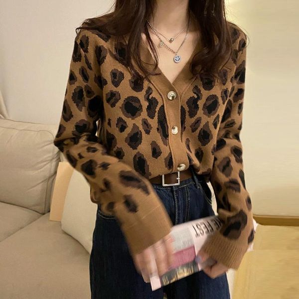 

leopard sweater coat womens spring and autumn 2021 new design v-neck long sleeve outer wearing knitted cardigan, White;black