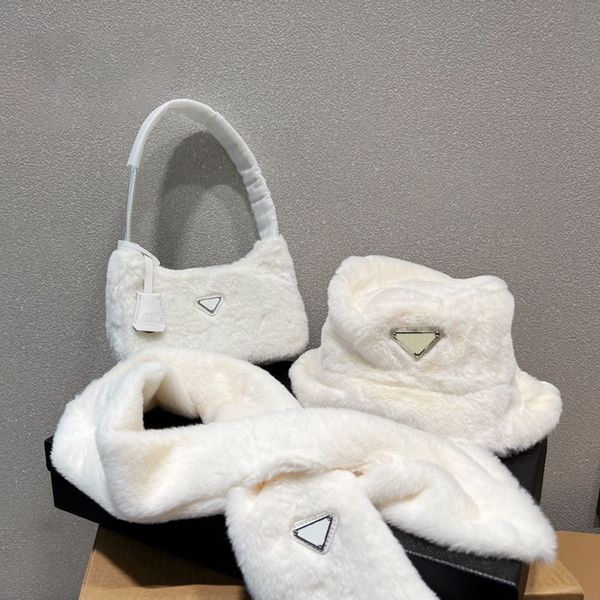 

designer bag women fashion tote bags winter plush hat scarf 3 piece cosmetic handbag white black pink lady luxury shoulder bag with box