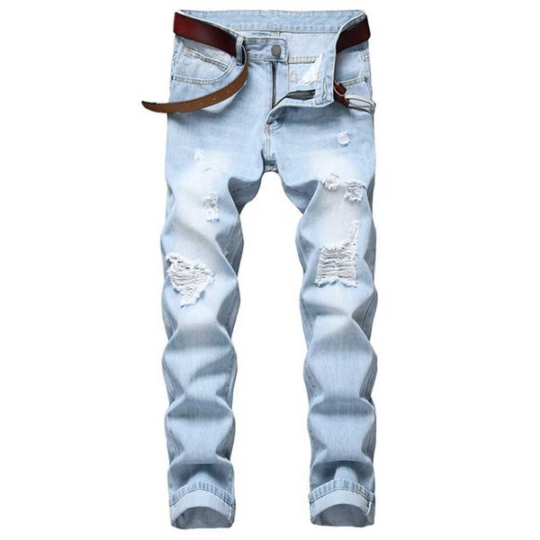 

men's slim waist straight tube wear hole jeans men's light blue trousers