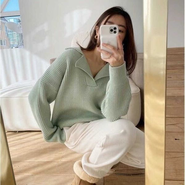 

women's sweaters south koreas new female sweater autumn half-open v-lapel pullover korean version of long-sleeved wearing loose g221018, White;black