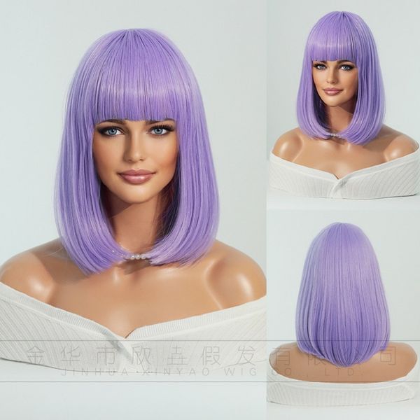 

purple wig short hair 14 inch cross-border new wig bangs hair, Black