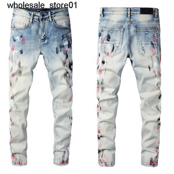 

men's jeans designer amirs fashion street cowboy casual pants micro elastic cotton youth blue splash paint fashion streetwear pants jea