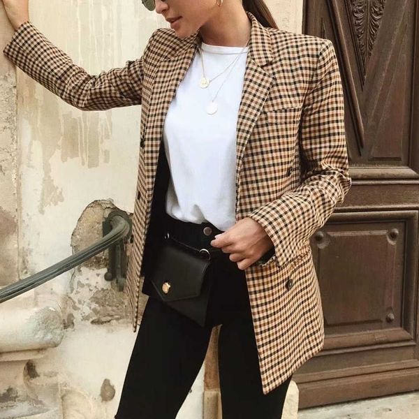 

women's suits blazers ladies office lady plaid lapel collar double breasted blazer women slim casual outerwear work jacket women coat c, White;black