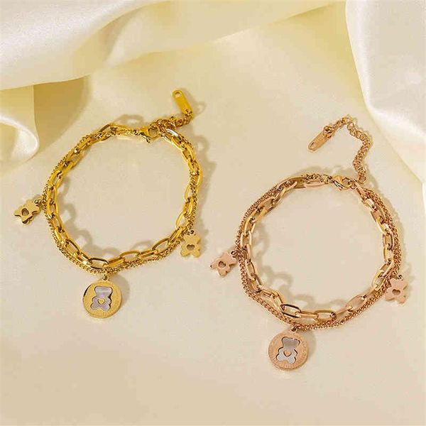 

little bear female titanium steel 2021 new mother shell inlaid double-layer bracelet accsori288m, Golden;silver