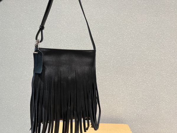 

tz black luxurious pure leather fringed cross body bag women's versatile and fashionable handbag zipper closure shoulder bag for women