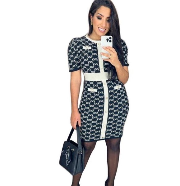 

22gg new womens knit dress brand luxury designer supre hip cover dress black short sleeve neck skirts blue tank dresses, Black;gray