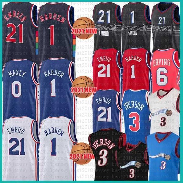 

basketball''nba''men youth kids allen iverson joel embiid basketball jersey 1 3 21 james harden tyrese maxey julius ervi, Black