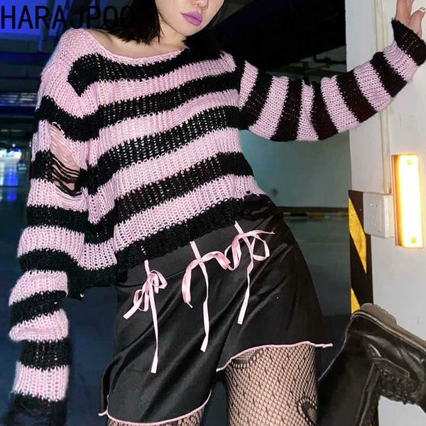 

women's sweaters pullovers harajpoo women gothic black hollow personality cropped 2021 fall harajuku ripped loose striped punk thin kni, White;black