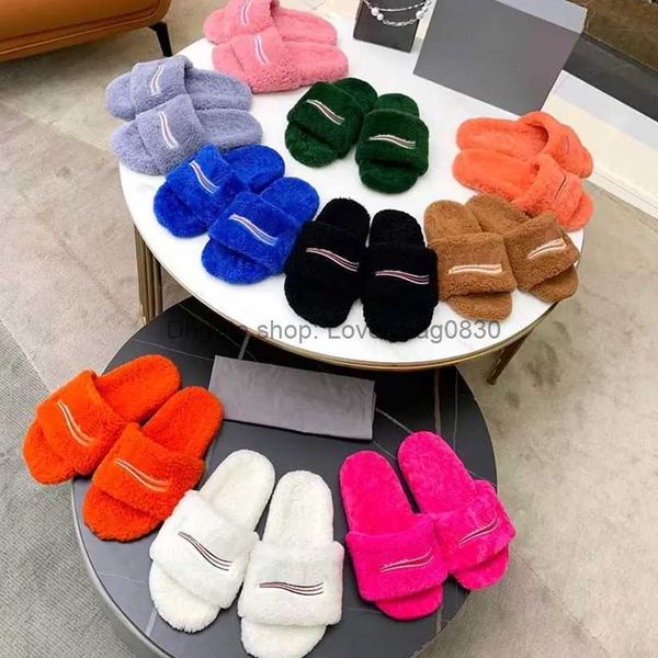 

luxury designer women slippers mens 2022ss paris furry wool slipper indoor shoes comfortable plush girl flip flops winter fur fluffy warm, Black