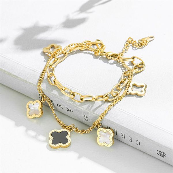 

classic design multilayered clover charm bracelet lucky stainless steel four leaf jewelry2674, Golden;silver