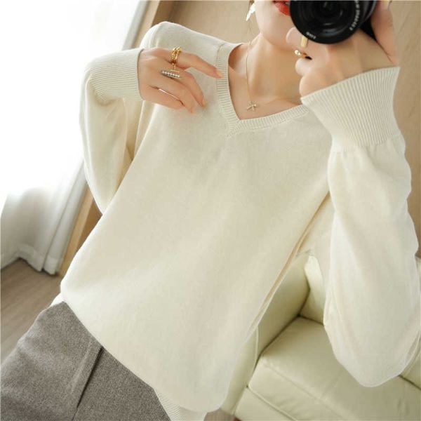 

women's sweaters spring and autumn pure cotton long-sleeved knitted sweater v-neck pullover thin solid color loose fashion casual g2210, White;black