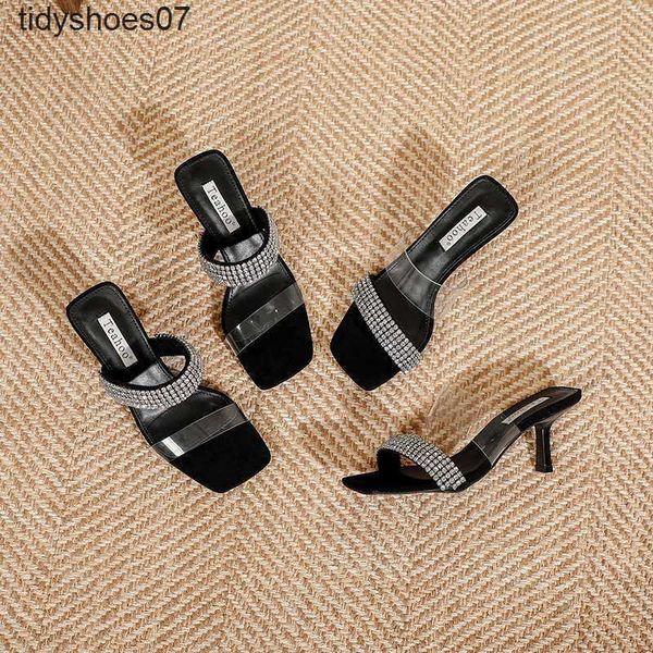 

dawang rhinestone sandals women's 2022 new summer transparent one-sided belt rear empty high-heeled sandals aw, Black