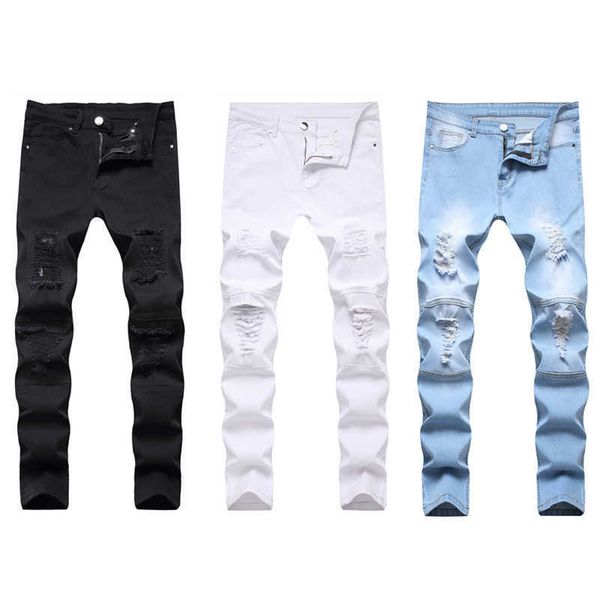 

new line cut jeans personalized scraped locomotive leggings fashionable men's pants, Blue