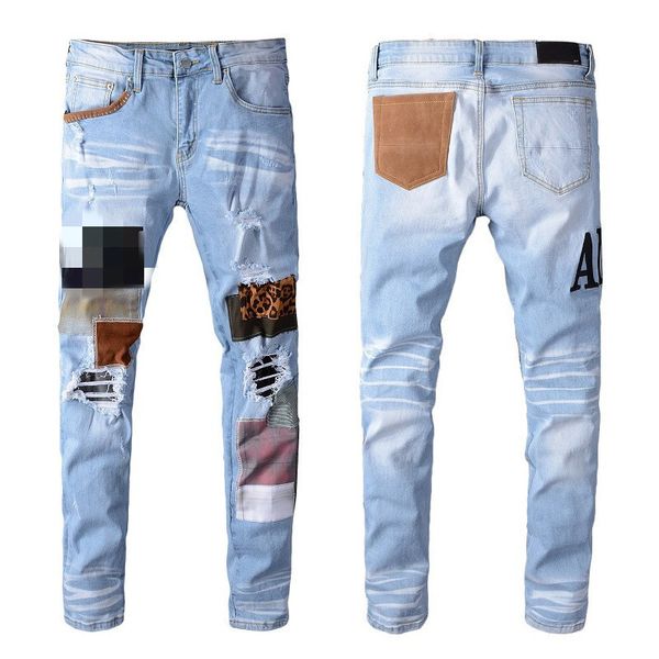 

men's jeans embroidery letters leopard patch elastic slim hole light blue gradient luxury