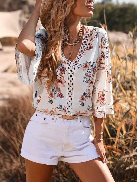 

dgirl summer blouse women hollow out beach wear floral print guipure lace insert trumpet sleeve, White
