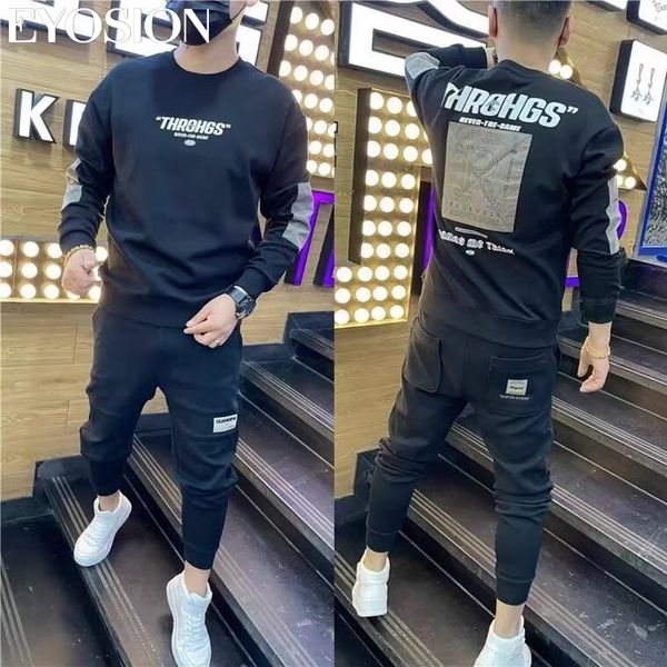 

autumn youth men's sweatshirt pullovers letter print round neck slim fit thicken hoody long sleeve casual sweatshirt male, Black