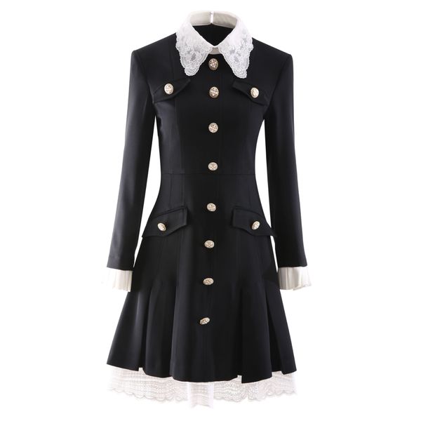 

high-quality lace stitching hit-color office lady suits dress, Black