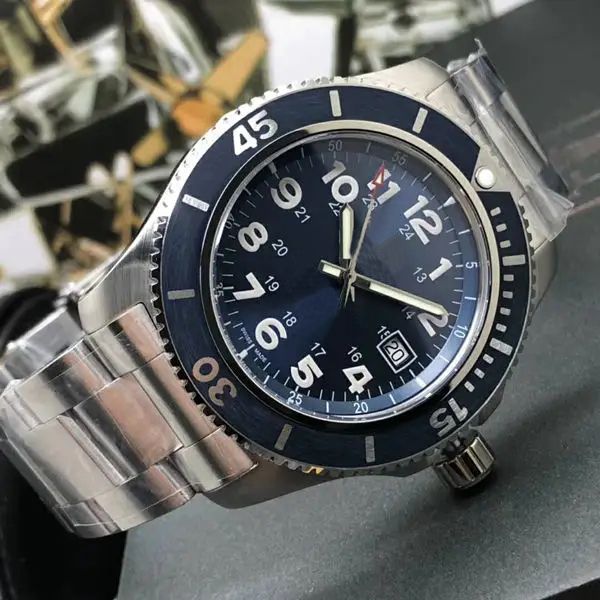 

ocean breit super mechanical watch men's fashion blue dial automatic mens bezel silver case rubber gents sport wristwatches, Slivery;golden