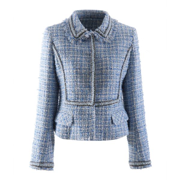 

high-quality tweed fringing plaid blue thick jacket with lapel collar, Black;brown