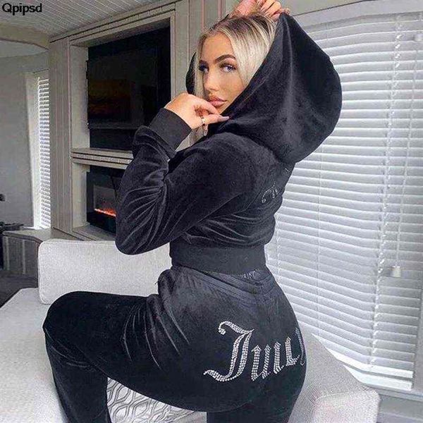 

new tracksuit women velvet juicy tracksuit coutoure couture track suit two piece set coture sweatsuits for women pants stes y22031232o, Gray