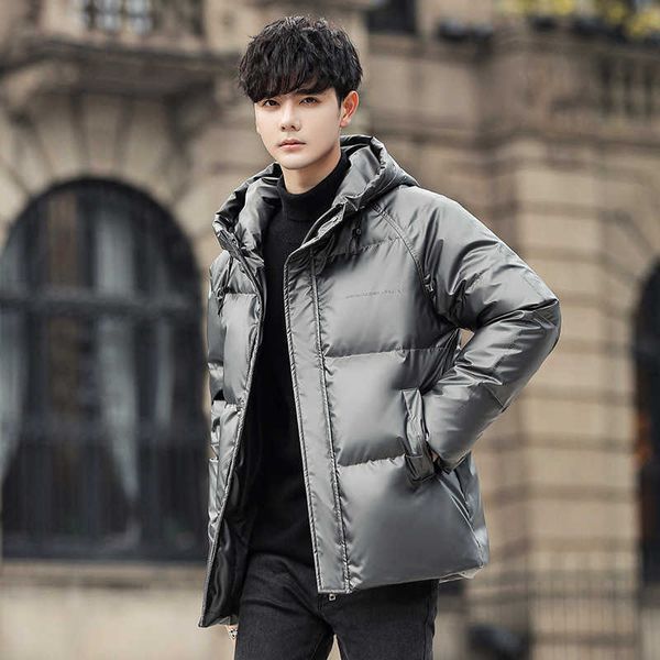 

down jacket 2022 winter new bright men's thickened warm clothing fashion short hooded, Black