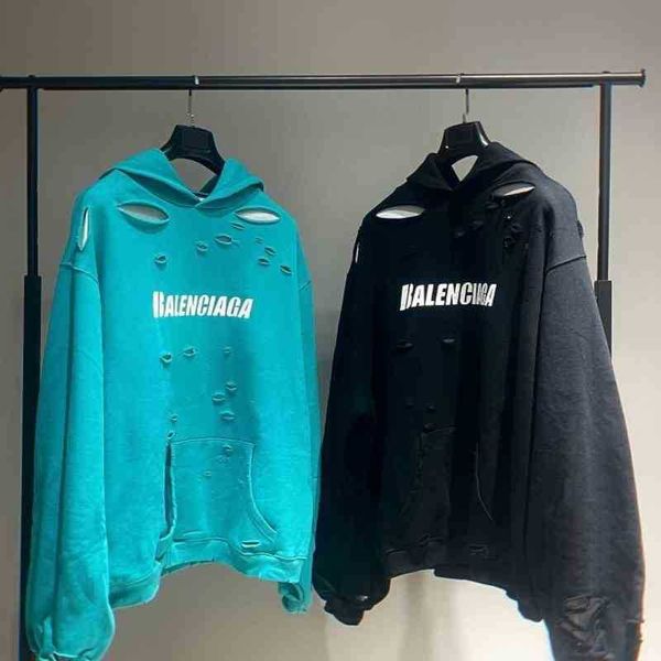 

fashion couples balencigas hoodies crack 2022 ice large damage hole breaking sweater, Black