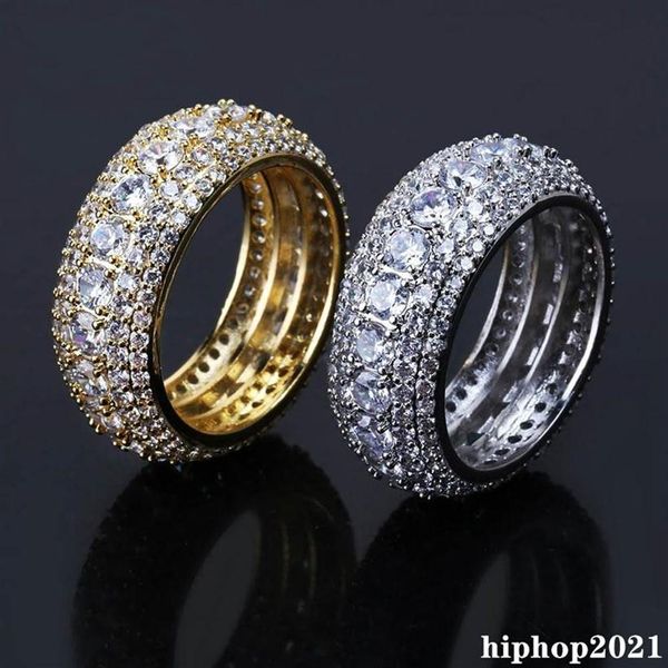 

size 7-11 hip hop 5 rows cubic zircon diamond ring fashion gold silver finger iced out mens rings jewelry246j205x, Golden;silver