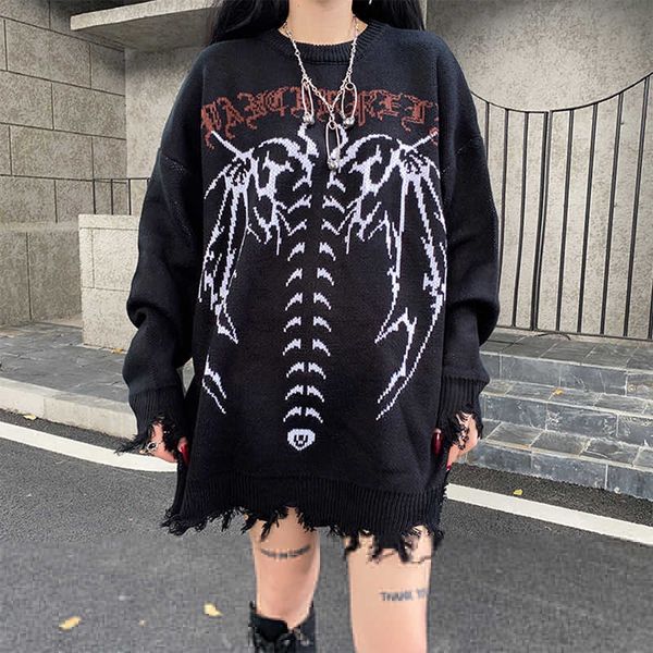 

women's sweaters y2k skeleton cashmere sweater women korean style loose warm knitted pullover 2021 winter outwear female jumpers street, White;black