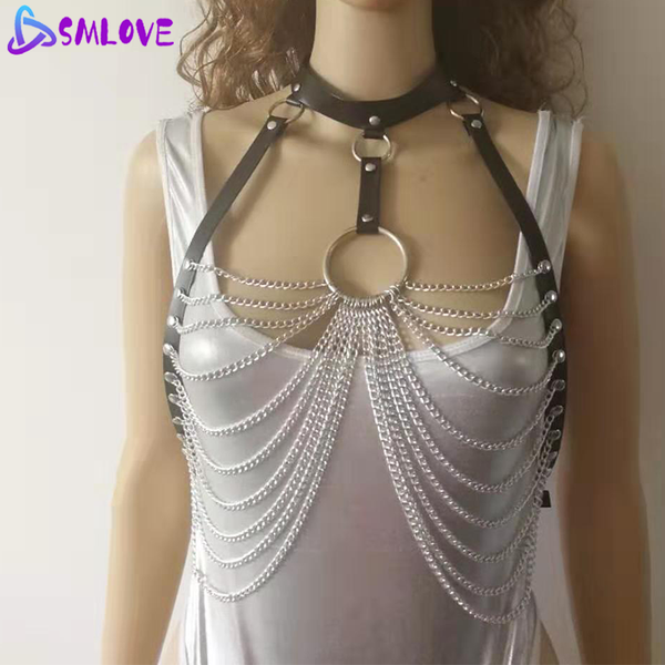 

costumes pu leather metal chain bondage toys outfit suspenders straps body bondage for women erotic accessories set cosplay, Black