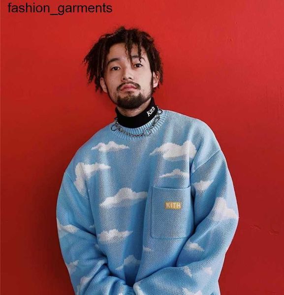 

men's hoodies sweatshirts slightly oversized kith sweater men women jacquard blue sky white clouds pattern sweatshirts, Black