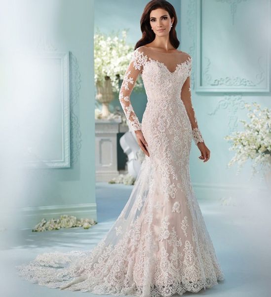 

luxury crystals beaded mermaid wedding dresses arabic long sleeves lace applique o neck sweep train custom made 2023 plus size vestido de no, White