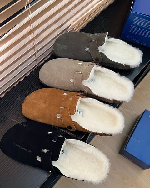 

women boston slippers designer wool cork flat slippers fashion leather slipper fall winter fur furry sandals lady casual shoes clogs for wom, Black