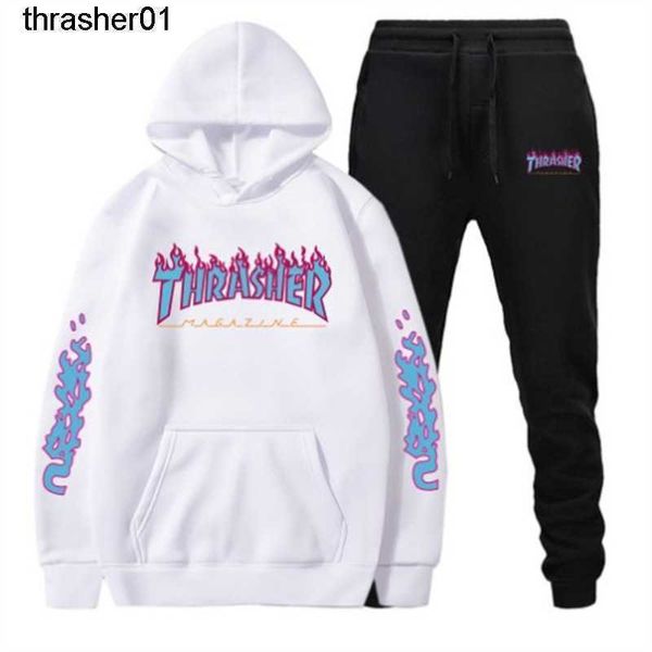 

men's tracksuits designer new hooded pullover fashion casual sports blue thrasher flame sweater male suit, Gray