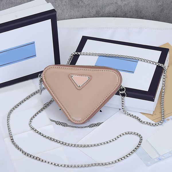 

triangle bag pouch coin purse chain crossbody bags mini handbag bright genuine leather fashion metal letter women clutch zipper wallet, Red;black