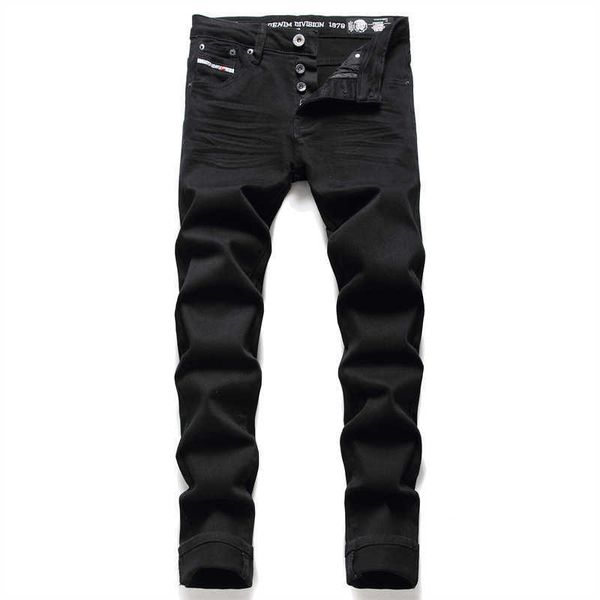 

denim style fashion black five elastic solid color high-end men's jeans, Blue